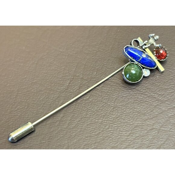 Vintage Cherub Sterling & Vermeil Lapis Garnet Jade Abstract Lapel Stick Pin - Picture 4 of 11